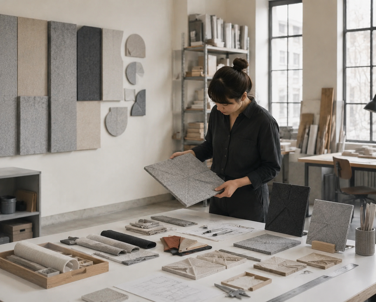 Felt samples and geometric studies being tested in material
