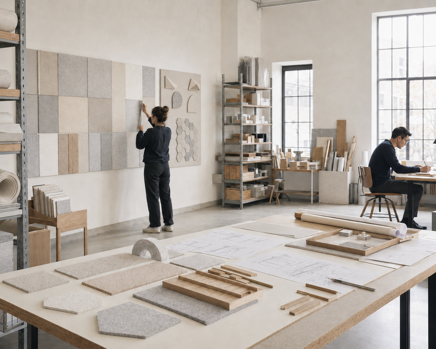 FLUXYNARA designers developing felt wall systems in a bright material studio
