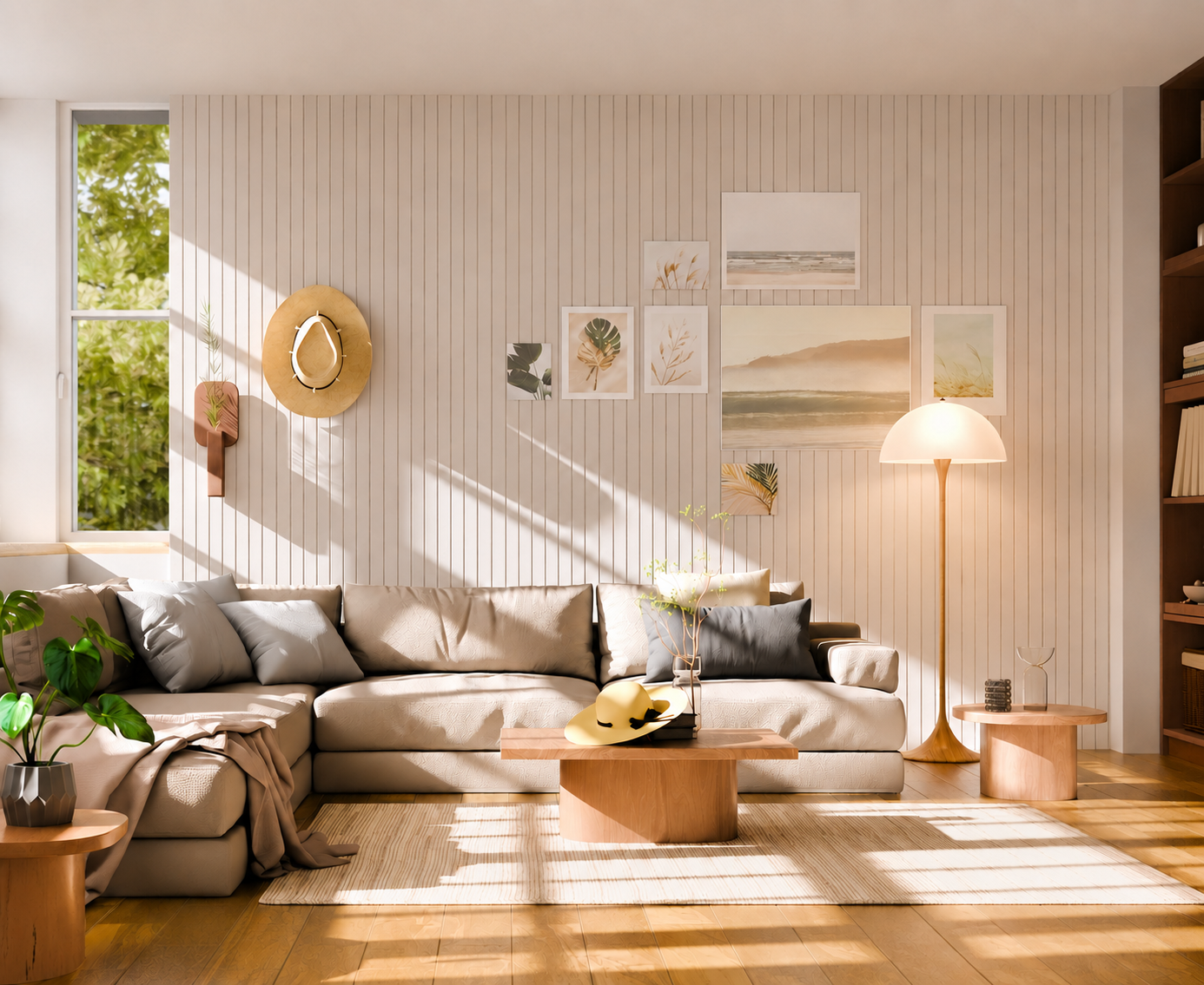 Warm sunlit living room with a vertical recycled felt wall