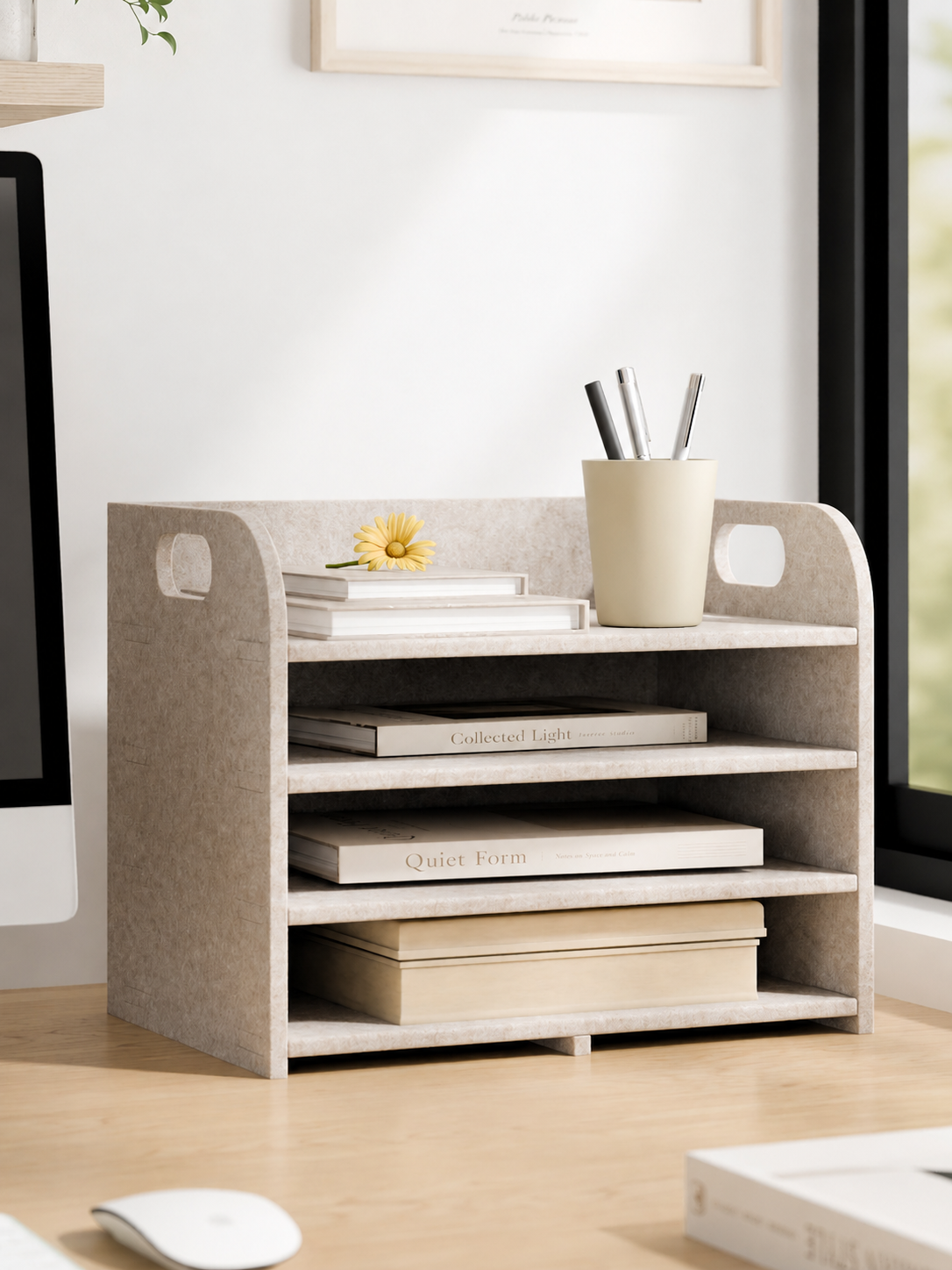Felt desktop organizer in a calm home office