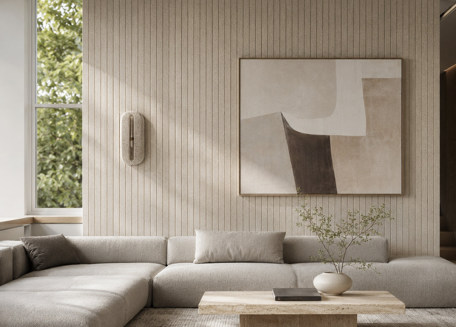 Quiet interior finished with a precise vertical felt wall system