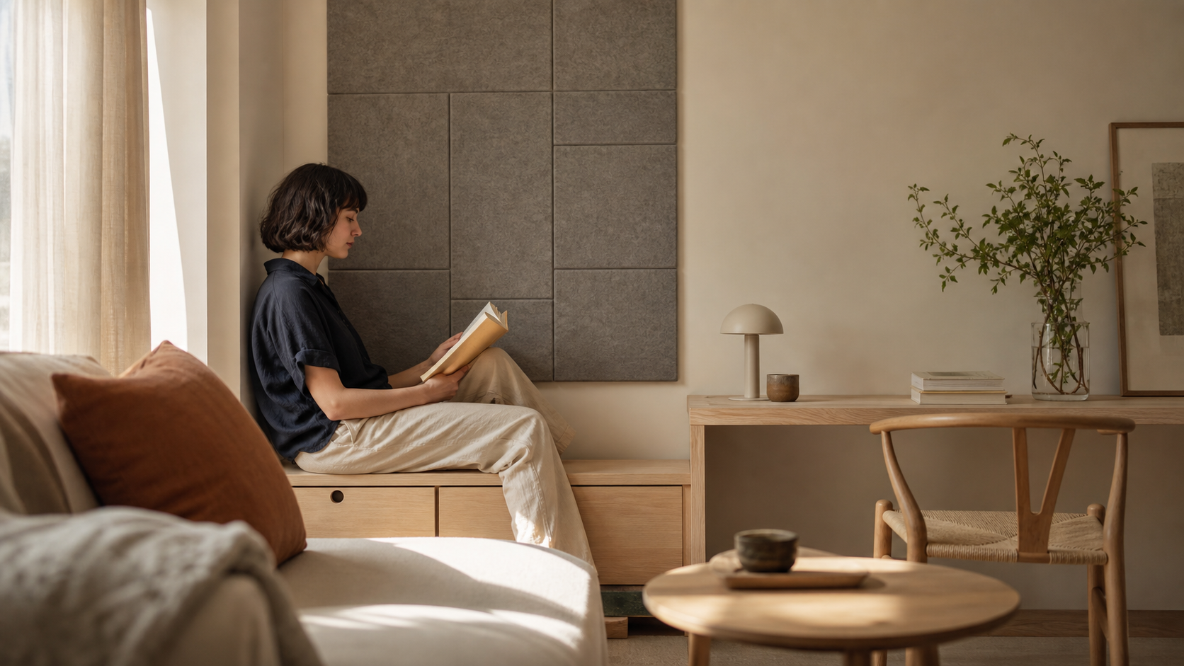 Calm reading space shaped by precisely arranged felt panels
